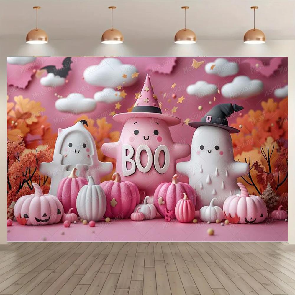 Cute Pink Themed Halloween Photography Background Cartoon Ghost Pumpkin Castle Background Girl Birthday Photo Props336
