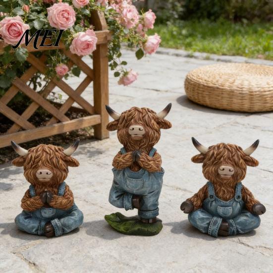 Farmhouse Style Figurines Yoga Highland Cow Resin Figurine, Overalls Statues, Waterproof Healing Atmosphere Decor Garden Ornament for Indoor