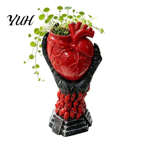 Unique Gothic Art Gift Hand Holding Human Heart Organ Vase, Anatomical Shaped Devil Palm Flower Pot Spooky Halloween Desktop for Living Room