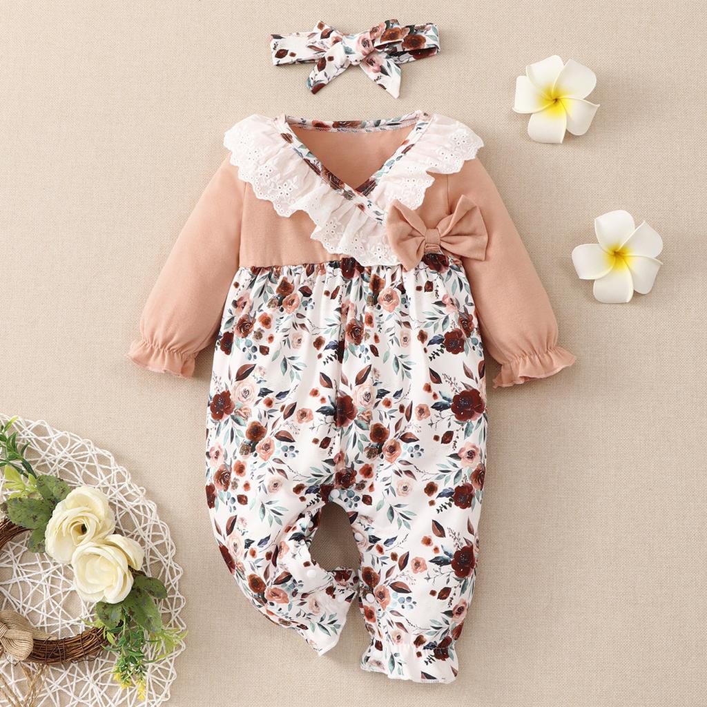 Милый клетчатый комбинезон с длинными рукавами и повязкой на голову для новорожденных мальчиков и девочек