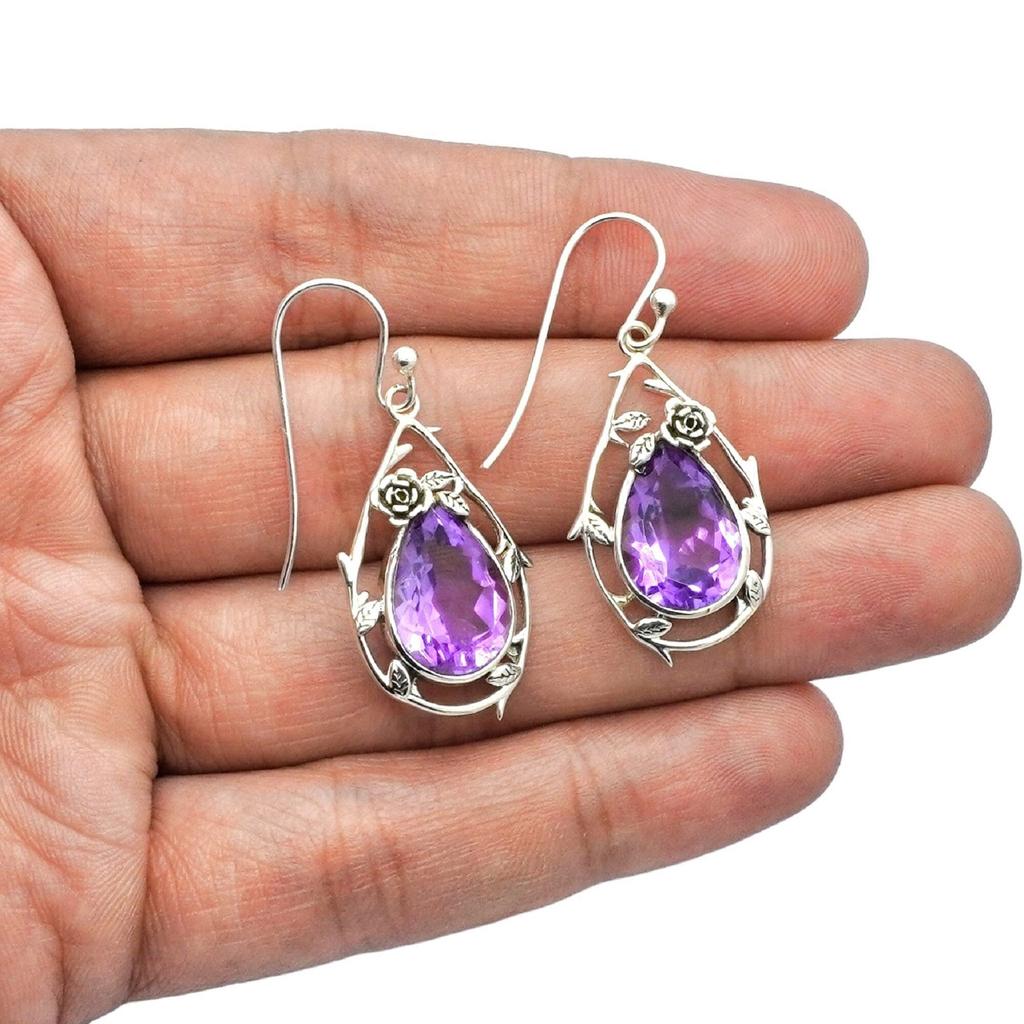Natural Amethyst 925 Sterling Silver Earrings: Floral Jewelry