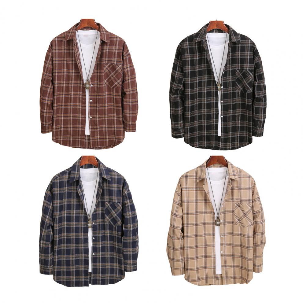 Мужская весенне-осенняя блузка с отложным воротником, однобортная, в клетку, с длинным рукавом, удобный крой, японский стиль, кардиган, официальный, деловой