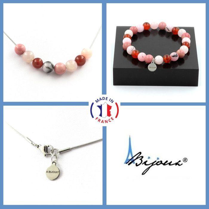 Stones and Minerals. Jewelry Set Bracelet Necklace Pearls Pink Opal + Rhodonite + Agate Customizable Size.