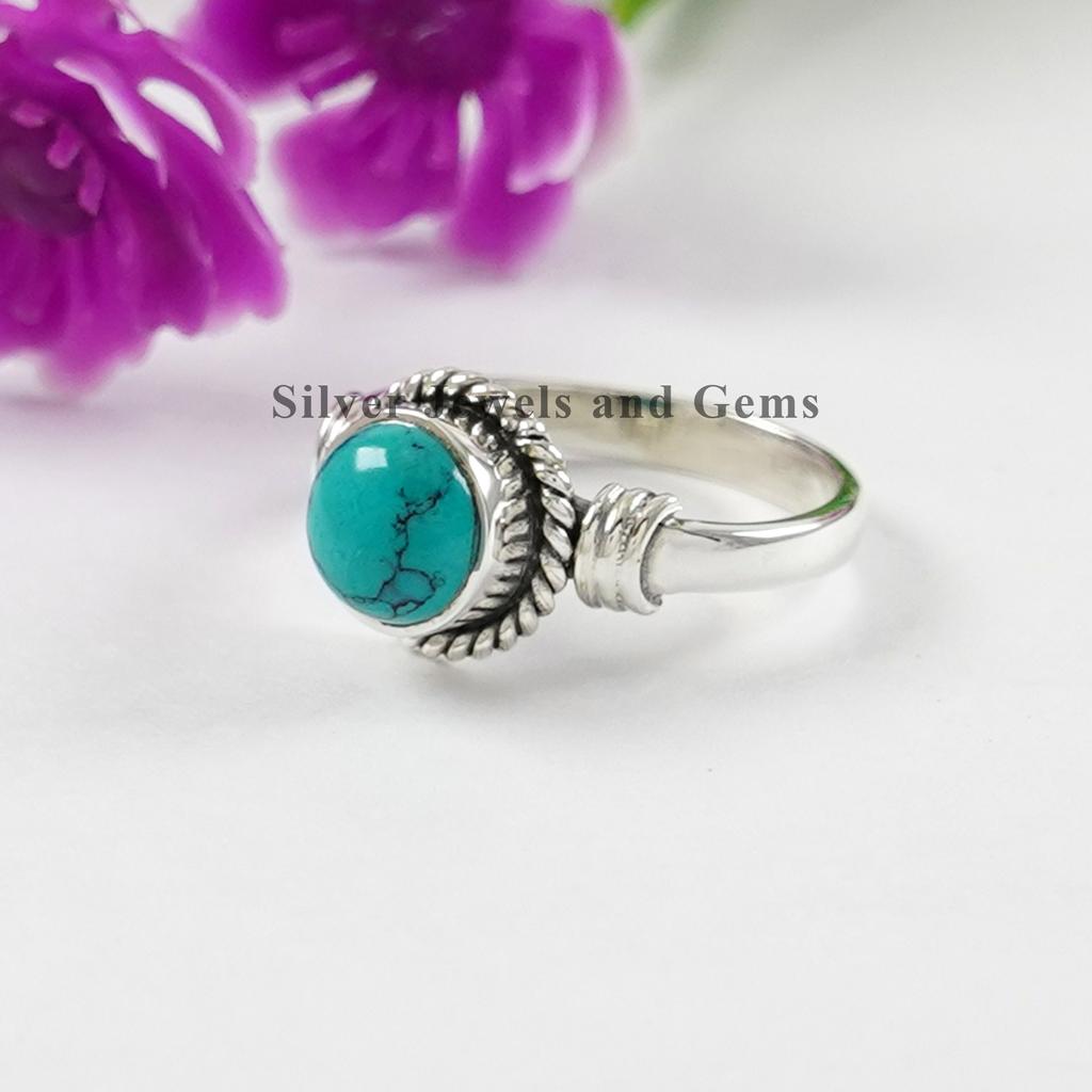Round Turquoise Ring, 925 Sterling Silver Handmade Ring, Natural Turquoise Designer Ring, Birthstone Ring, Promise Ring, Boho Ring