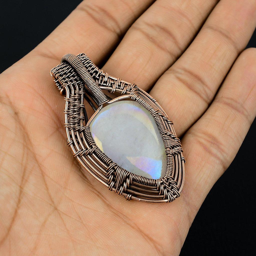 Moonstone 999 Copper Wire Wrapped Pendant, Handmade Gemstone Pendant, Gift For Mom Antique Jewelry