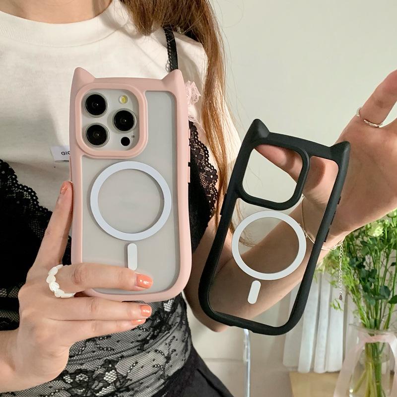 Магнитная присоска Cat Ear подходит для Apple 16Pro Чехол для мобильного телефона Прозрачный Iphone15 Силиконовый Акриловый Противоударный Жесткий I14