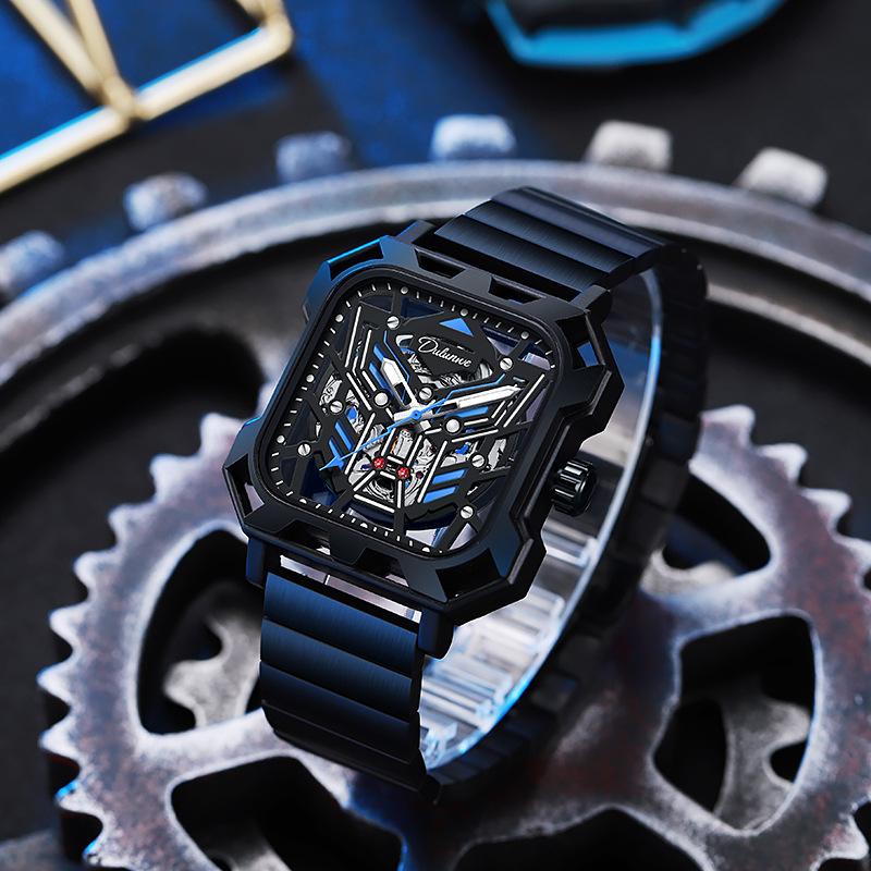 Новая концепция трехмерных квадратных циферблатов с полым циферблатом, мужские прохладные ночные светящиеся водонепроницаемые автоматические механические часы из нержавеющей стали