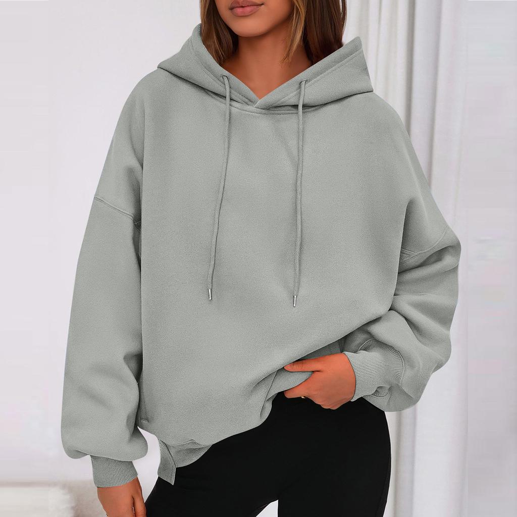 Ladies' Fashionable Solid Color Casual Hooded Pocket Long Sleeved Sweatshirt