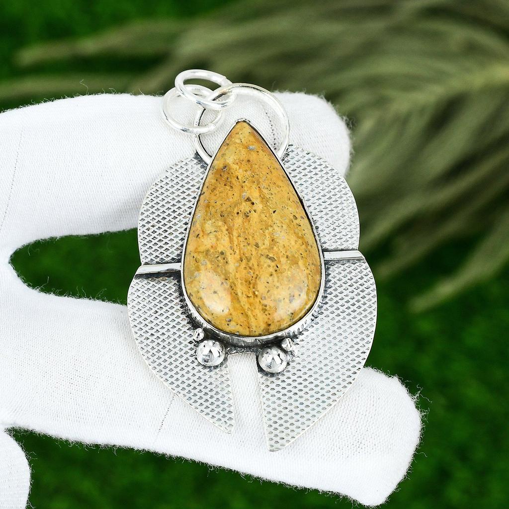 Sisters Day Sale 925 Sterling Silver Pear Picture Jasper Gemstone Bezel Pendant
