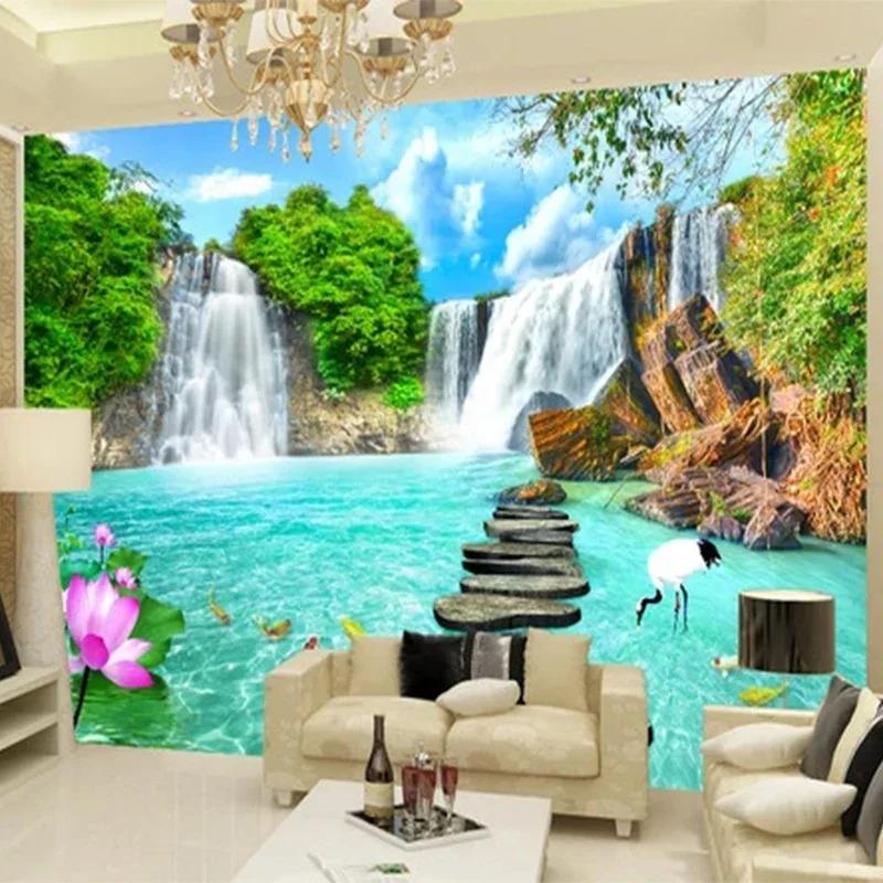Индивидуальные фрески, обои, 3D стерео, водопады, пейзаж, фото, настенная живопись, гостиная, телевизор, диван, фон, стена, домашний декор, фреска