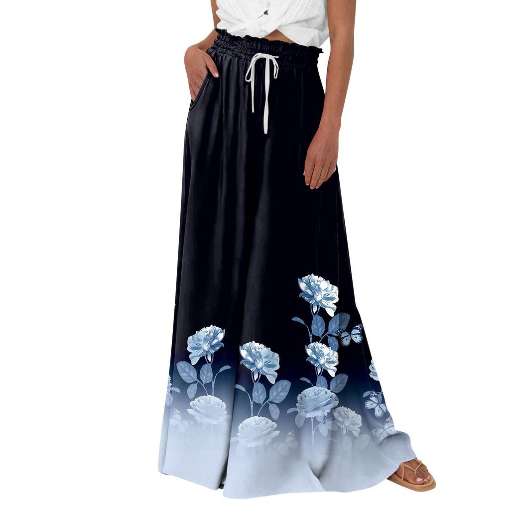 Women's Palazzo Pants Boho Floral Wide Leg Trousers Summer Beach High Waisted Flowy Pants With Pockets