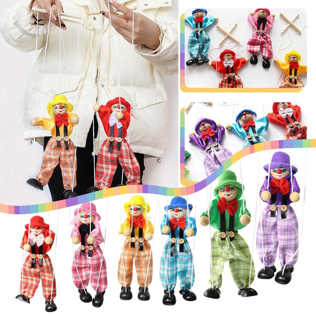 Funny Colorful Pull String Puppet Vintage Clown, Wooden Marionette Toy With Joint Activity For Baby Boys Or Girls