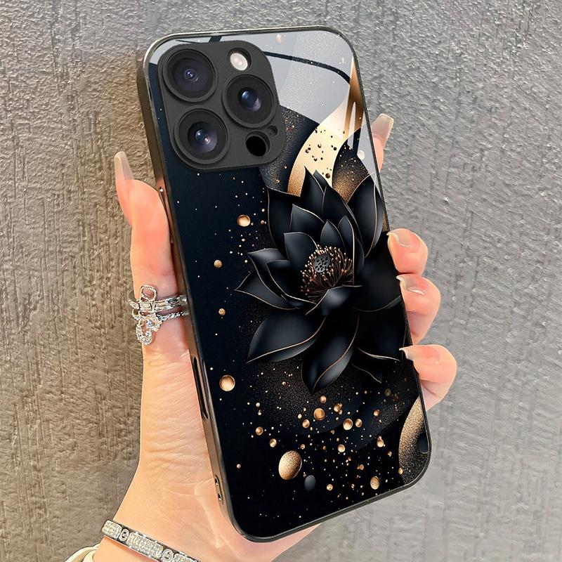 Роскошный черный чехол для телефона с узором «Цветок лотоса» из закаленного стекла для Samsung Galaxy S25 S24 S23 Ultra Plus FE
