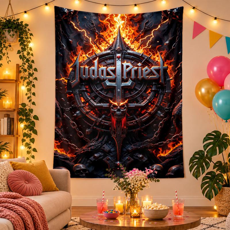 Polyester Wall Tapestry with Judas Priest Design, Decorative Hanging for Bedroom Living Room Dorm