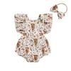 Girls Romper Head Band Suit Summer Fly Sleeve Square Neck Bull Print Romper Bow Headwear