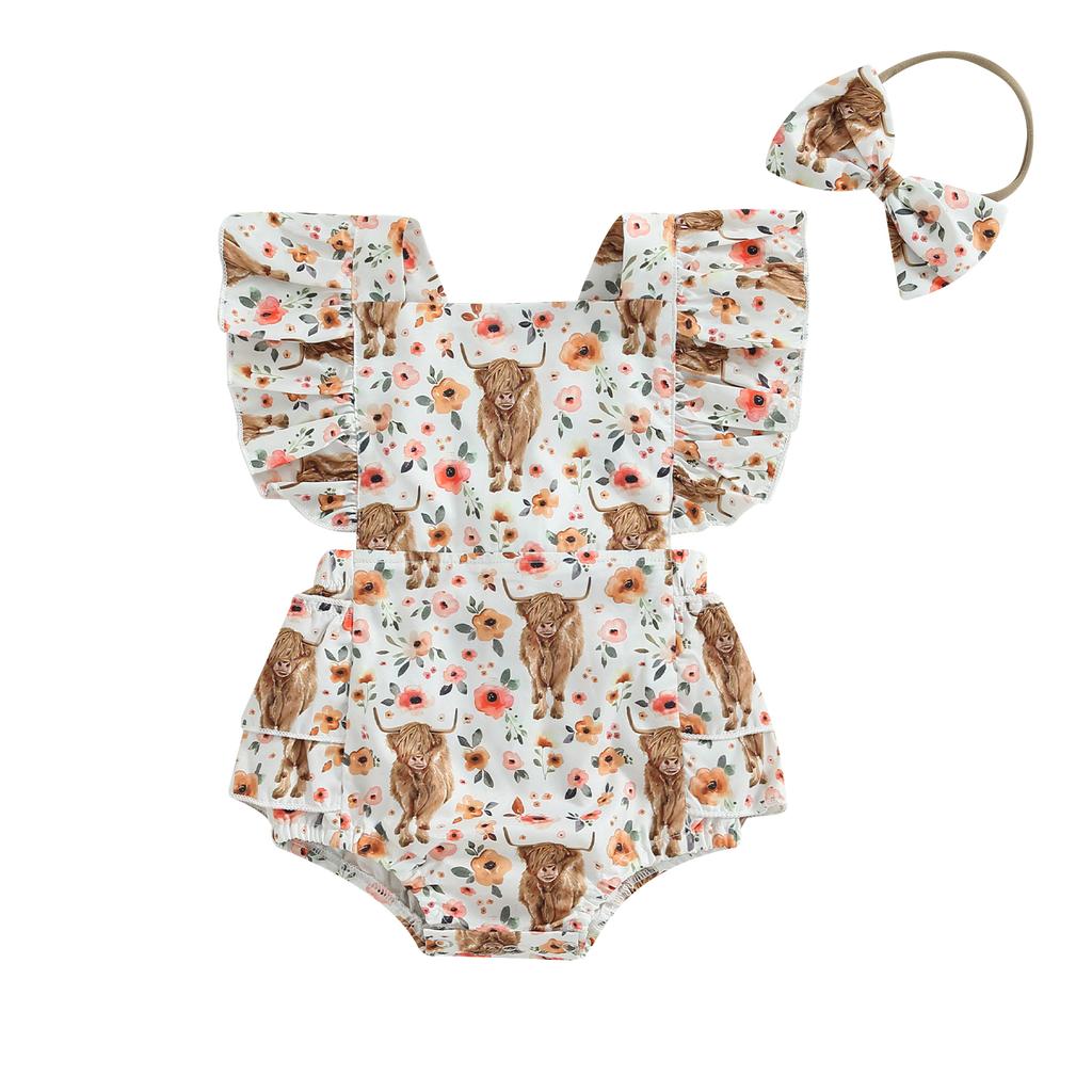Girls Romper Head Band Suit Summer Fly Sleeve Square Neck Bull Print Romper Bow Headwear