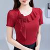 Новый стиль Летний стиль Косая горловина Марлевая рубашка С оборками Цветочная короткорукавная футболка для женщин