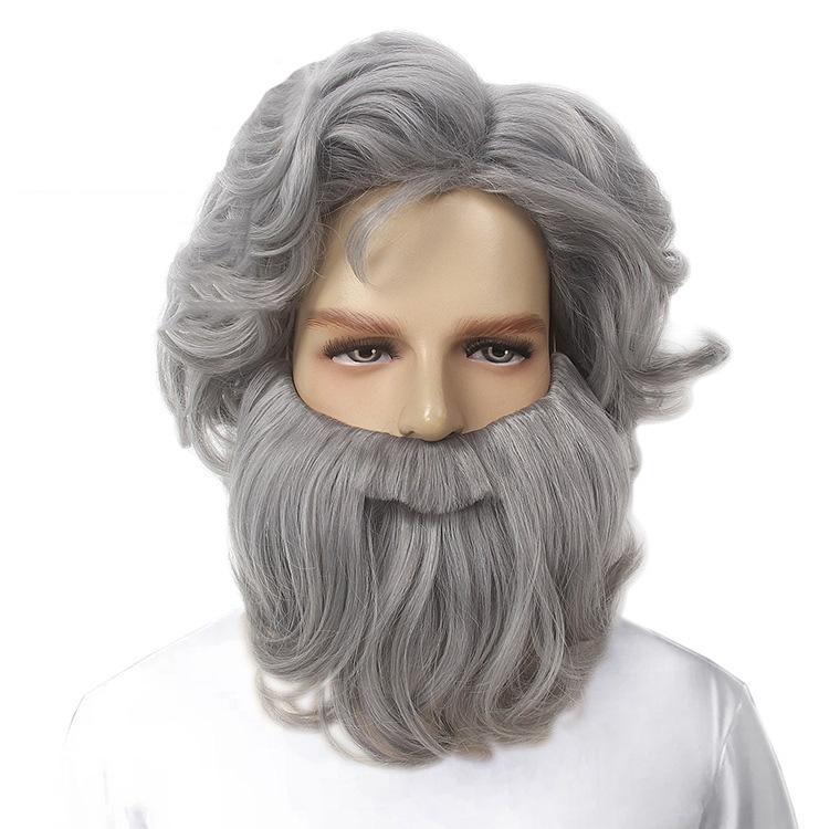 Elderly Wig and Beard Set, Gray Long Curly Wig