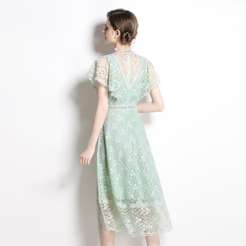 Женское зеленое кружевное вечернее платье с рукавами-крылышками, летние элегантные платья во французском стиле с вырезом и круглым вырезом, женские однотонные повседневные платья до середины икры