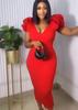 European and American new fungus edge sleeves V-neck low-cut sexy hip-wrapped solid color dress women's clothing