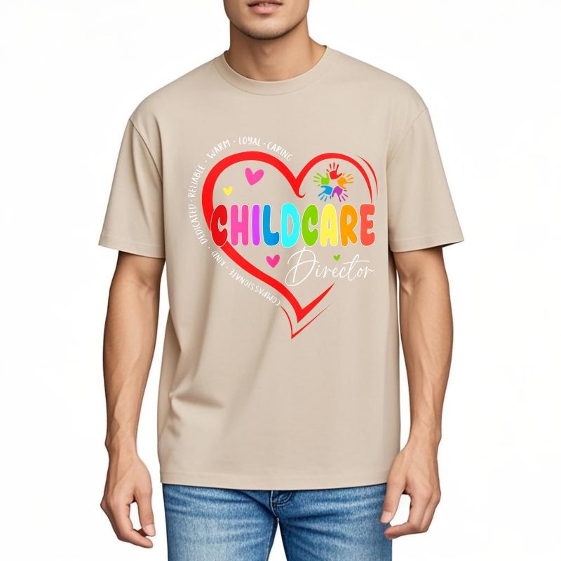Fashion Summer For Men tshirt Childcare Director Heart Design With Rainbow Text Short Sleeve Solid Color Round Neck Top Tees