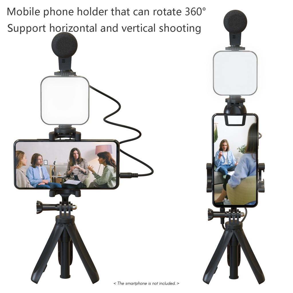 Smartphone Vlogging Kit Tripod Phone Holder + Microphone + Video Light + Clip + 3.5mm TRS to TRRS Audio Cable for Live