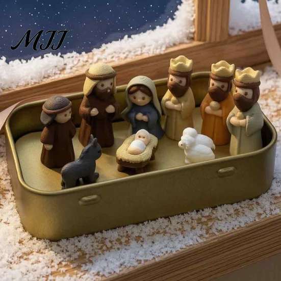 Niche Creative Holiday Present Mini Christmas Nativity Set in A Tin Box, 3D Printed Pocket Size Holy Family Retro Metal Storage Box Figurines,
