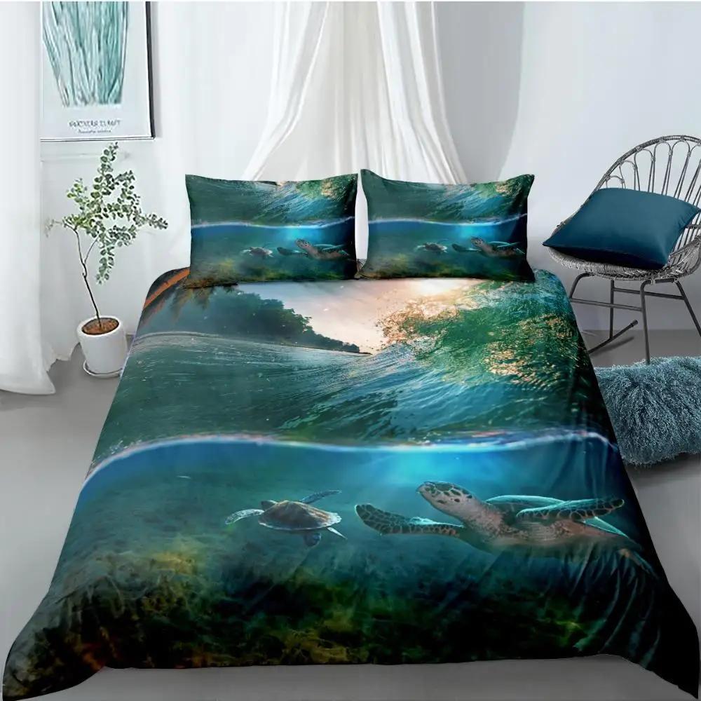 Ocean Duvet Cover Set Queen Double Size Polyester Ocean Animals Fishes Tortoise And Rainbow Color Coral Printed Comforter Cover