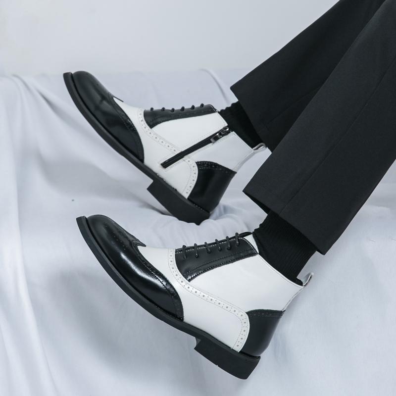 Men Brogues Boots Motorcycle Casual Ankle Boots Wingtip Dress Formal High Top Black White Leather Boots Over Sized