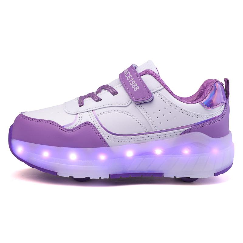 Kid's Lights Sports Shoes Rubbing Shoes Solid Magic Patch Can Charging Double-row Four-wheel Slide Shoes