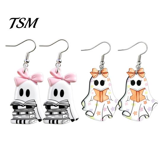 Hypoallergenic Alloy Hooks Cute Reading Ghost Earrings, Sweet Bowknot Drop Whimsical Earrings Lightweight Acrylic Halloween Jewelry for Women Girls