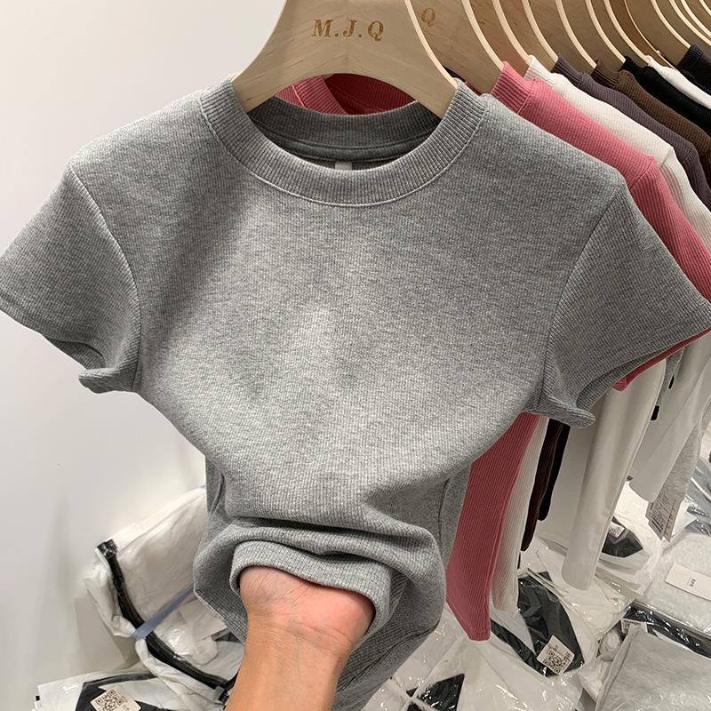 Ice Silk Mask T-shirt Women's Summer Short Sleeve New Slim Fit Round Neck Stacked Short Bottoming Knitted Top