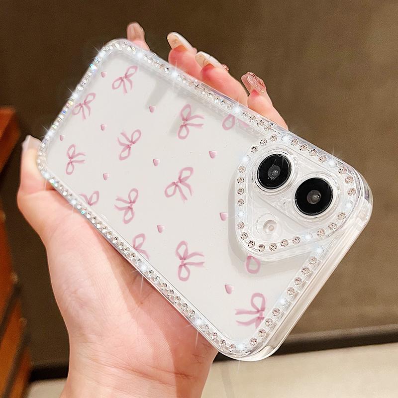 Bowknot Pattern Clear Silicone Phone Case For iPhone 16E 16 Pro Max 15 Pro 14 13 12 11 Diamond Frame Shockproof Soft Bumper Cover
