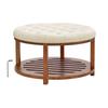 Large Round Ottoman Coffee Table, 81 cm Tufted Coffee Table with Solid Wood Shelf Storage, Linen Solid Upholstered Footrest Ottoman for Bedroom Living