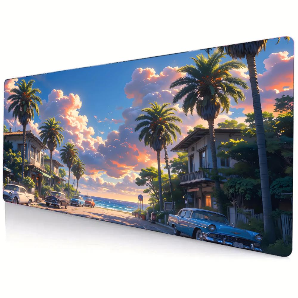 Seaside Scenery Pattern XXL Gaming Mouse Pad, Non-slip Stitched-edge Desk Mat, Keyboard Mat, Computer Accessories for PC Gamers