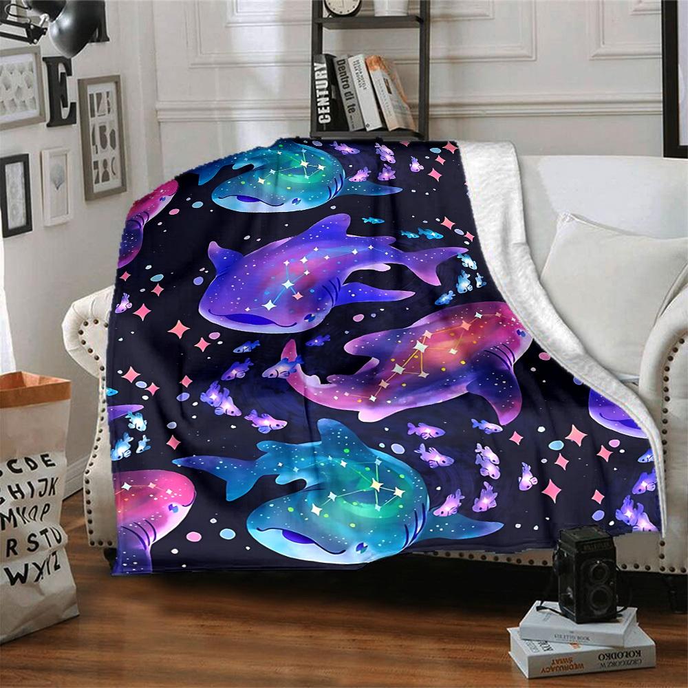 1pc Galactic Sharks Blanket, Lightweight Flannel Throw Blanket For Sofa, Bed, Travel, Camping, Living Room, Office, Couch, Chair, And Bed
