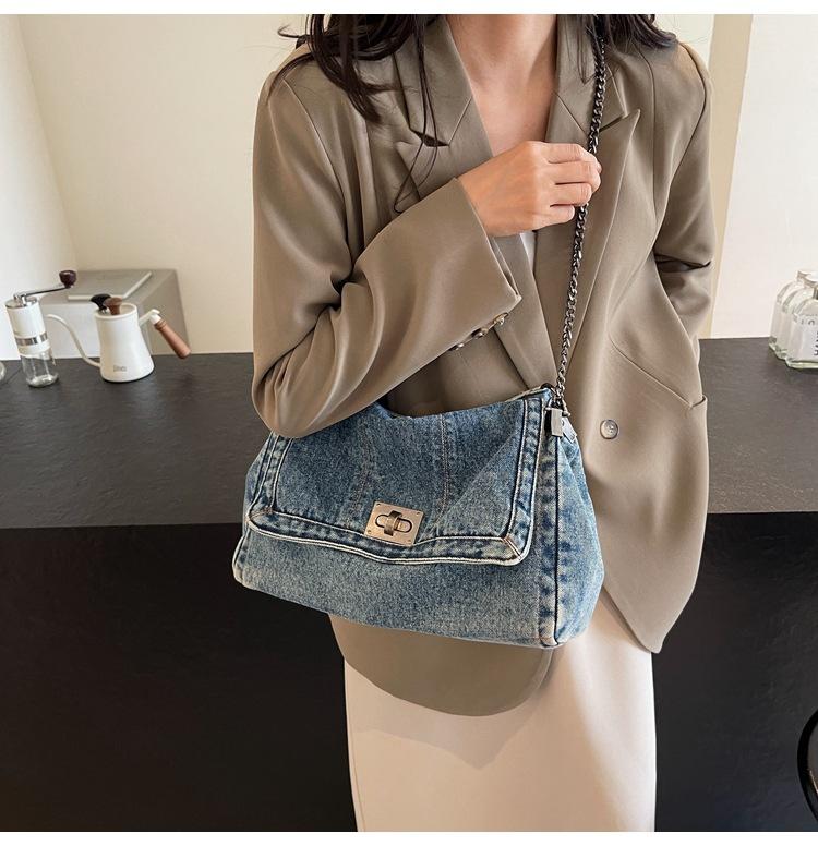 Retro Casual Denim Bag Women's 2024 New High-end Chain Shoulder Bag Large-capacity Commuter Tote Bag