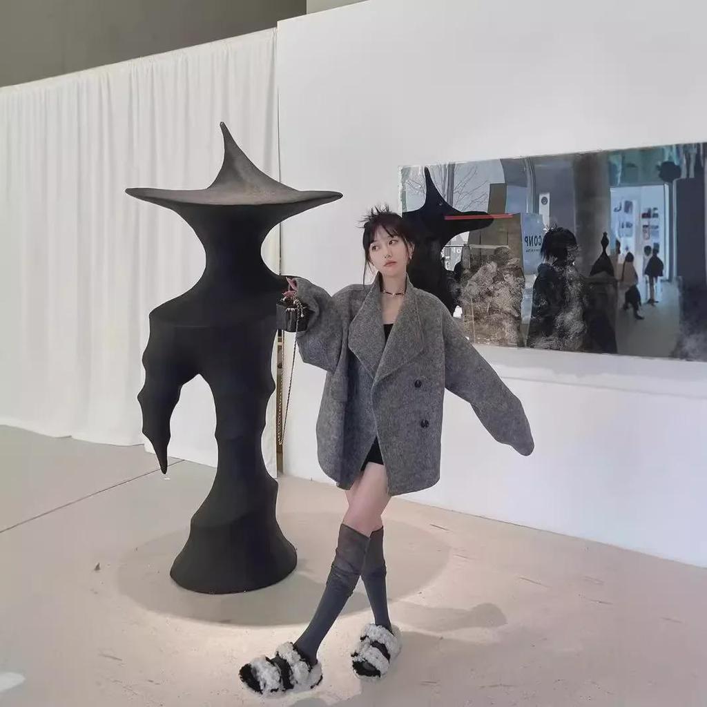 Женское серое шерстяное пальто средней длины - дизайн Dragon & Phoenix, свободный крой, корейский стиль, осень и зима 2024 г.