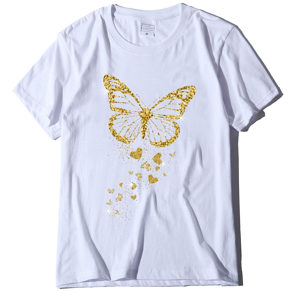 O Neck Loose Women Tshirt Ladies Tee Shirt Tops Clothes Camisetas Mujer Golden Butterfly Print Women T Shirt Short Sleeve