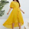 Летнее женское платье больших размеров, желтая юбка нестандартной формы, платье с v-образным вырезом и завязкой на талии