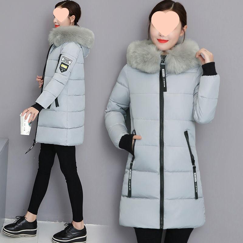 Women's Mid-Length Cotton Jacket, 2025 Korean Style, Mint Mambo, Long Slim Fit with Fur Collar