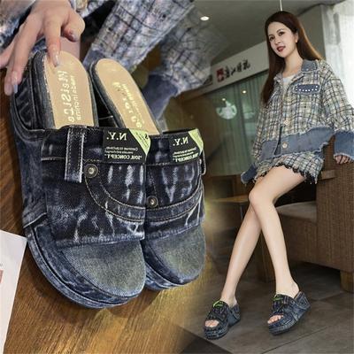 Верхняя одежда из стираного денима, сандалии на толстой подошве, модные тапочки для женщин
