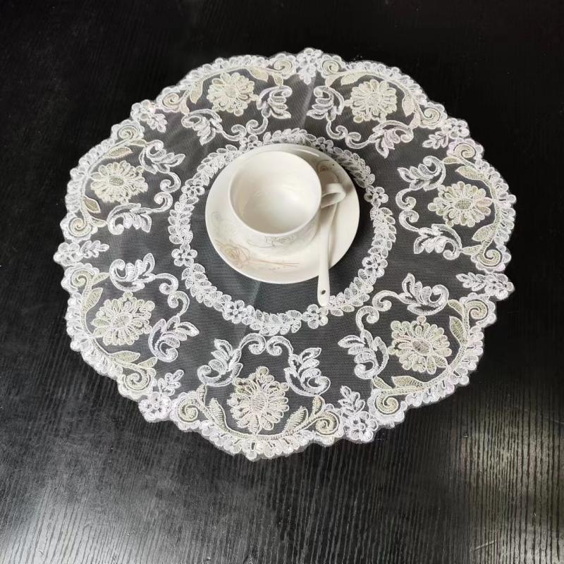 European Round Embroidery Lace Table Mat Living Room Bedroom Study Nightstand Cover Cloth Coaster Fruit Tray Kitchen Decoration