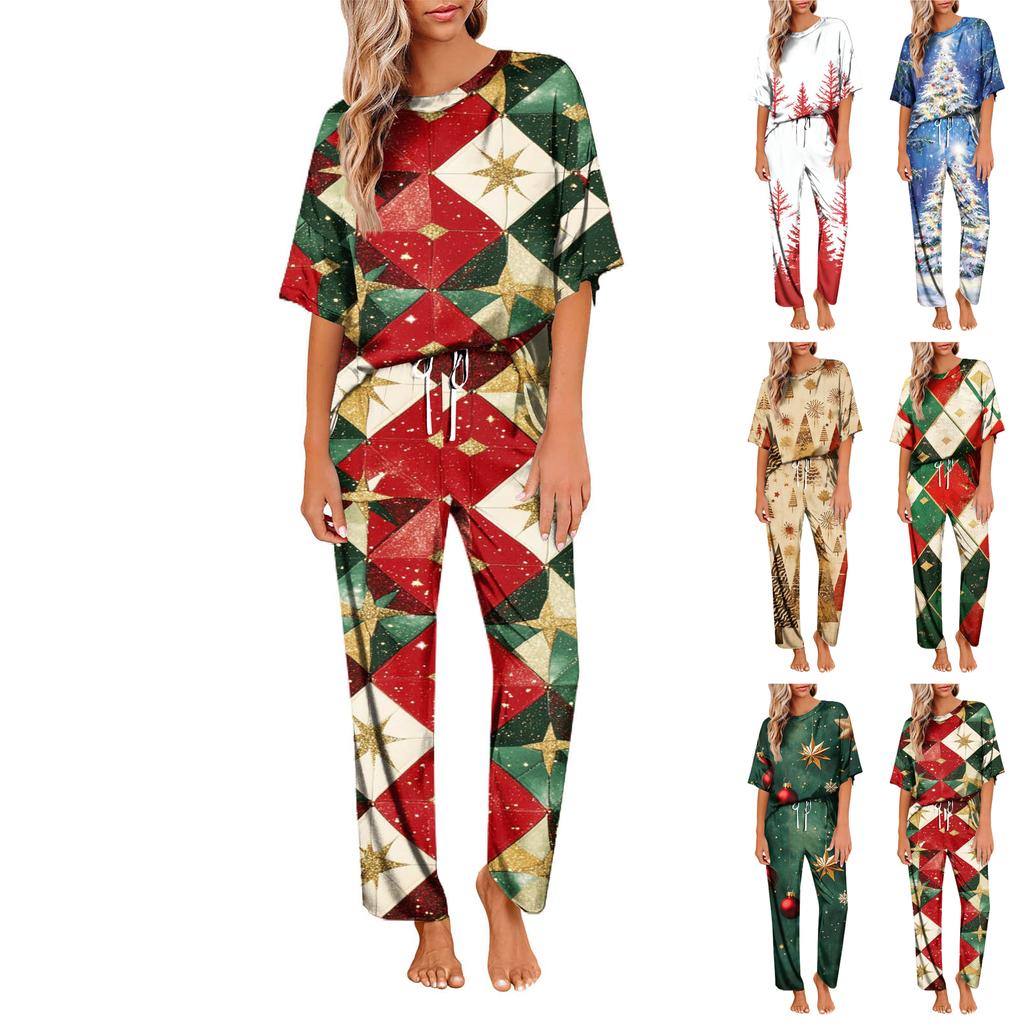 Ayollar uchun muz ipakli satin Rojdestvo printli pajama to'plami, qisqa yengli ko'ylak va uzun pajama shimlari to'plami, yumshoq uy kiyimi