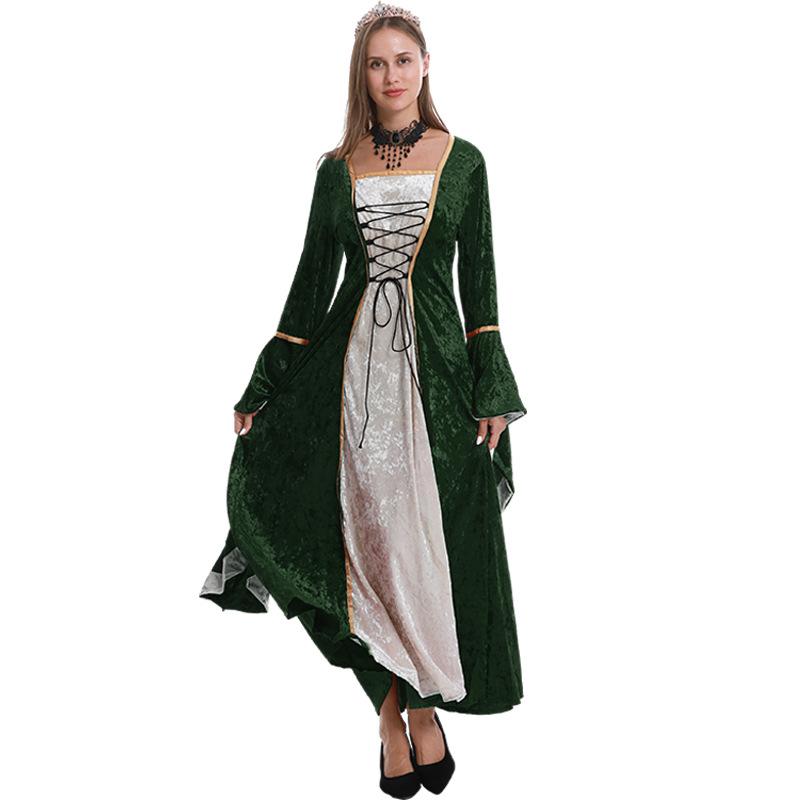 Women's Medieval Clothing Vintage Court Long Dress Strap Waist Gold Diamond Fleece Dress