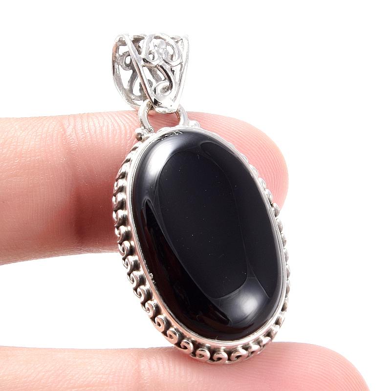 Natural Black Onyx Gemstone 925 Solid Sterling Silver Jewelry Pendant 1.6'' f6U35