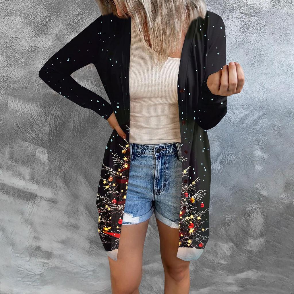 Women's Fashion Casual Long-sleeved Print Medium Length Cardigan Button Jacket Coat