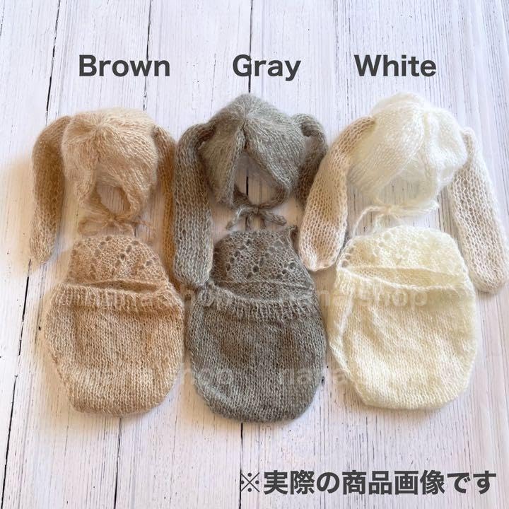 Bunny Ear Hat and Knitted Overalls for Newborn and Monthly Photoshoots [NANA's Shop] Photoshoots, Bonnet, (Gray)