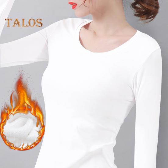 Женские термотопы с круглым вырезом, длинным рукавом, бархатной подкладкой, облегающие однотонные теплые футболки