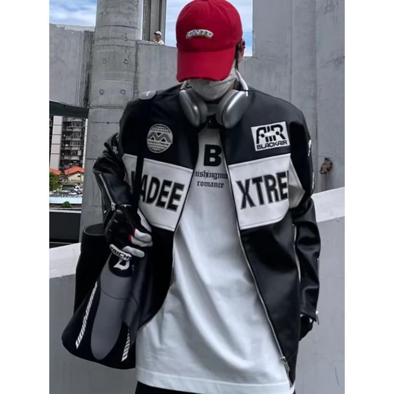 Cross-border American Retro PU Leather Racing Zipper Moto Embroidered Baseball Jacket - Trendy Brand Loose-Fit Dual Jacket